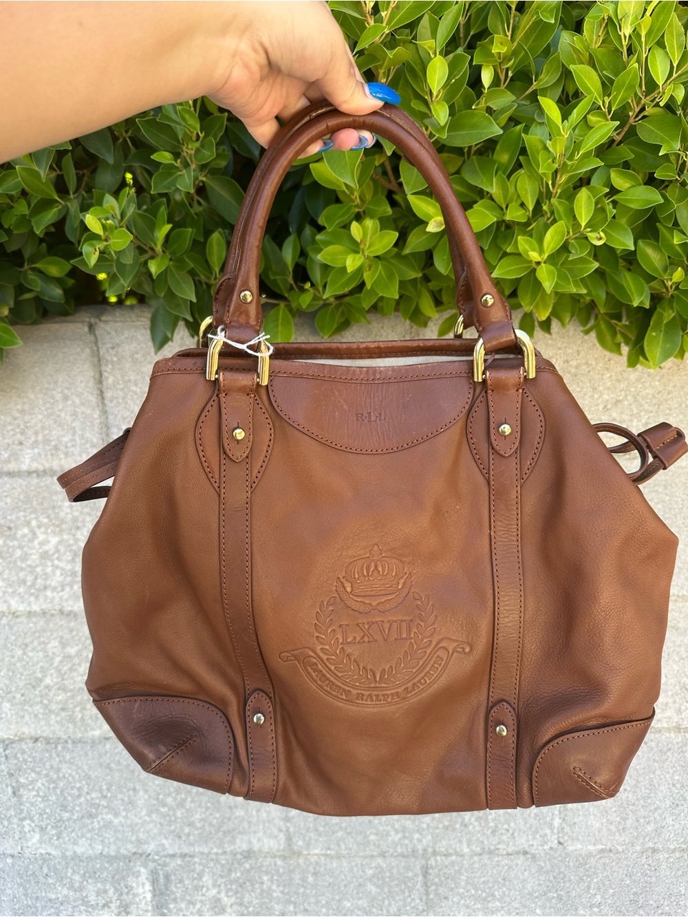 Vintage Ralph Lauren LXVII Brown Leather Tote SATCHEL COGNAC CREST WORK Bag